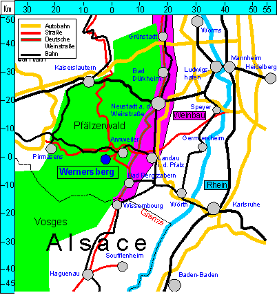 Karte der Region - im Zentrum: der Pfälzerwald
